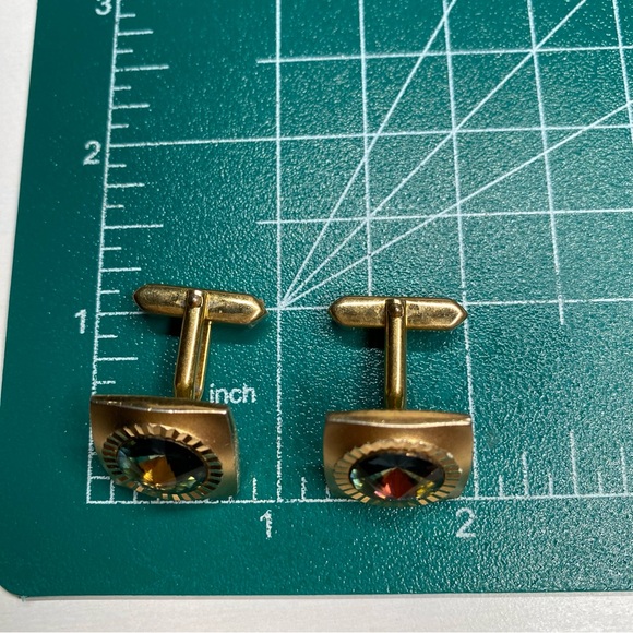 🎁 Vintage Rivoli Crystal Cuff Links Amber Rivoli Rhinestone - Picture 4 of 5
